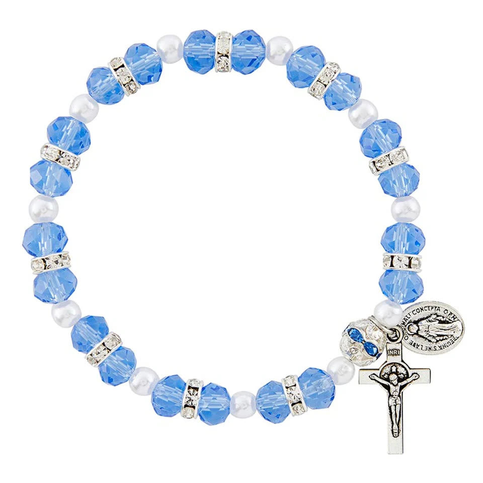 Crystal Beads Stretch Bracelet with Crucifix and Miraculous Medal - Blue - image 1