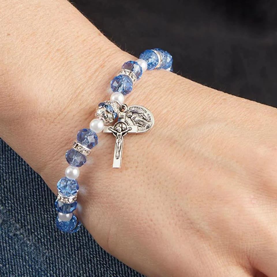 Crystal Beads Stretch Bracelet with Crucifix and Miraculous Medal - image 2
