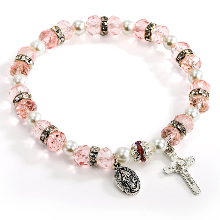 Crystal Beads Stretch Bracelet with Crucifix and Miraculous Medal - Pink - image 10