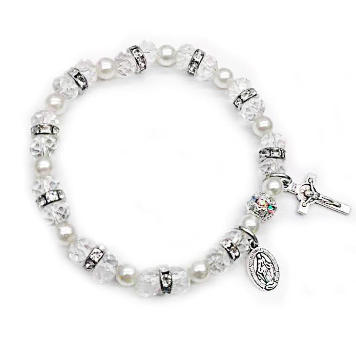 Crystal Beads Stretch Bracelet with Crucifix and Miraculous Medal - White - image 11