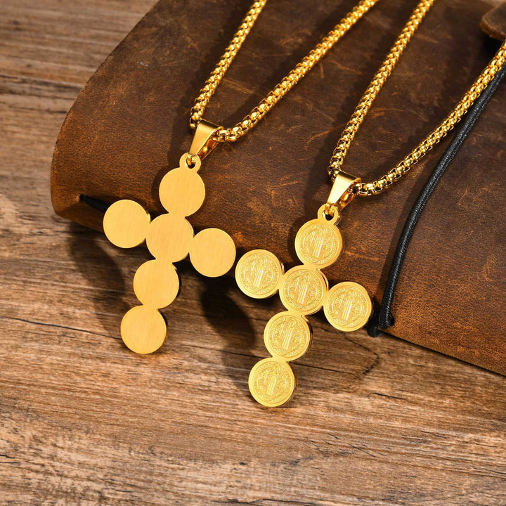 Round St. Benedict Cross Gold Pendant Necklace - Golden - image 1