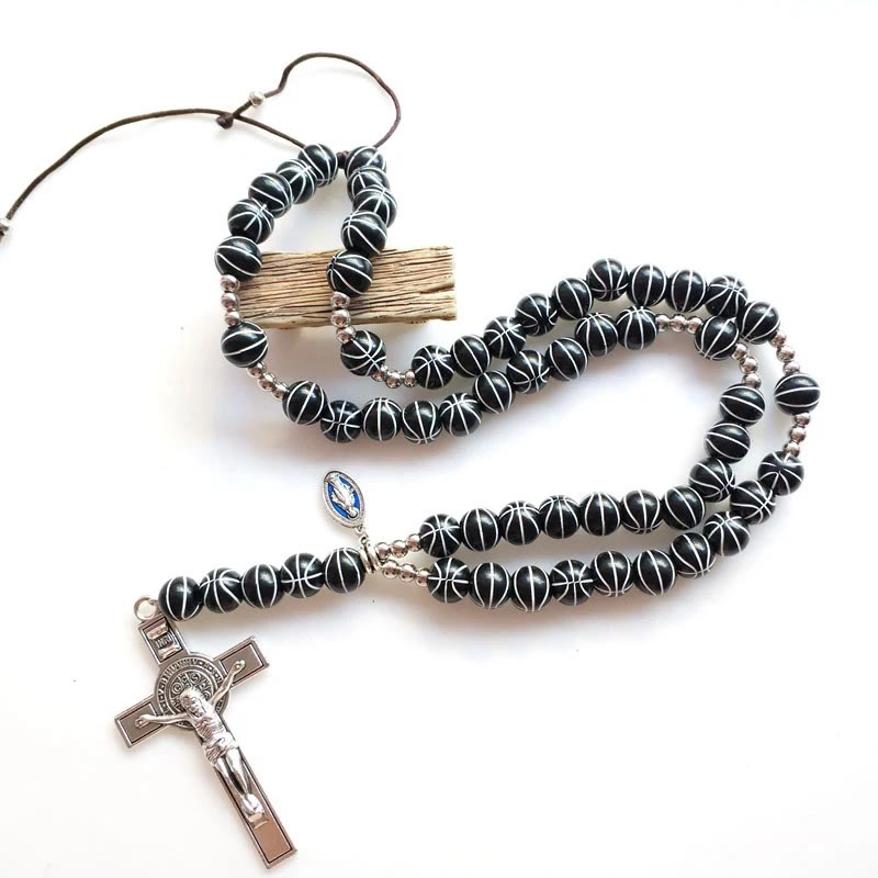 Hand Knit Basketball Spherical Beads Sports Prayer Rosary - Black - image 1