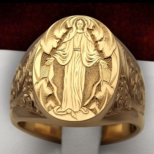 Christianartworkshop Virgin Mary Blessing Badge Hand Engraved Religious Ring - US12 - Golden - image 1