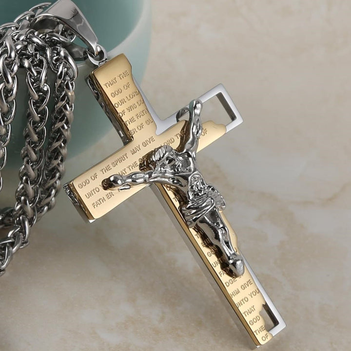 Christianartworkshop Stainless Steel Crucifix Bible Prayer Pendant Necklace Chain - Golden - image 0