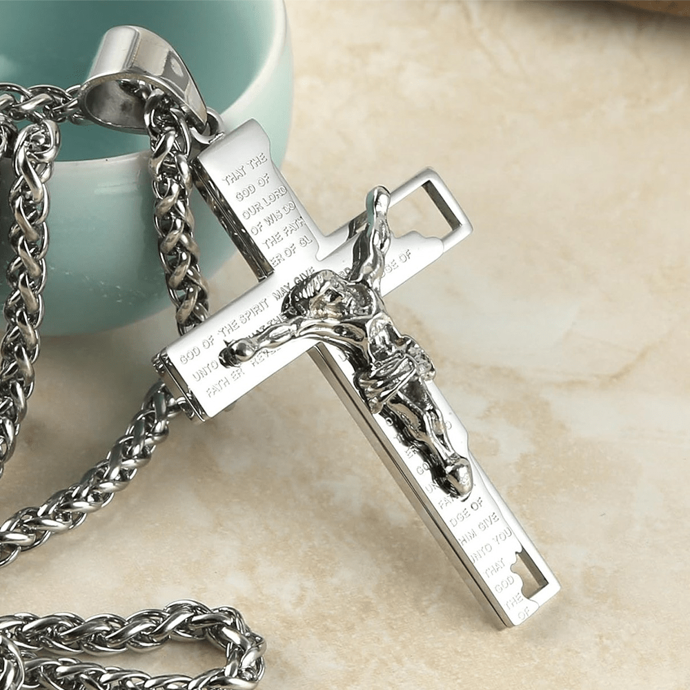 Christianartworkshop Stainless Steel Crucifix Bible Prayer Pendant Necklace Chain - Silver - image 7