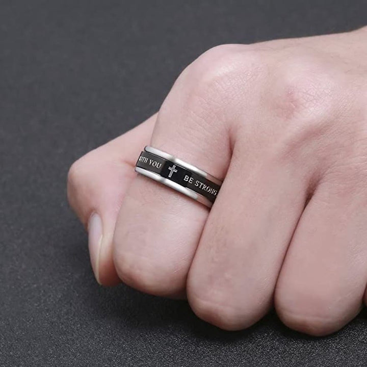 Christianartworkshop Titanium Black/Gold Cross Step Edges Rotating Ring - image 3
