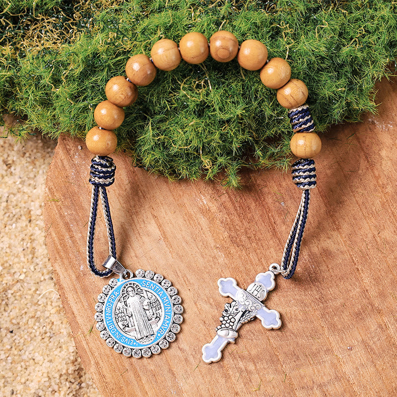 Jesus Hominum Salvator: Olive Wood One Decade Rosary - Blue & White Cord - image 0