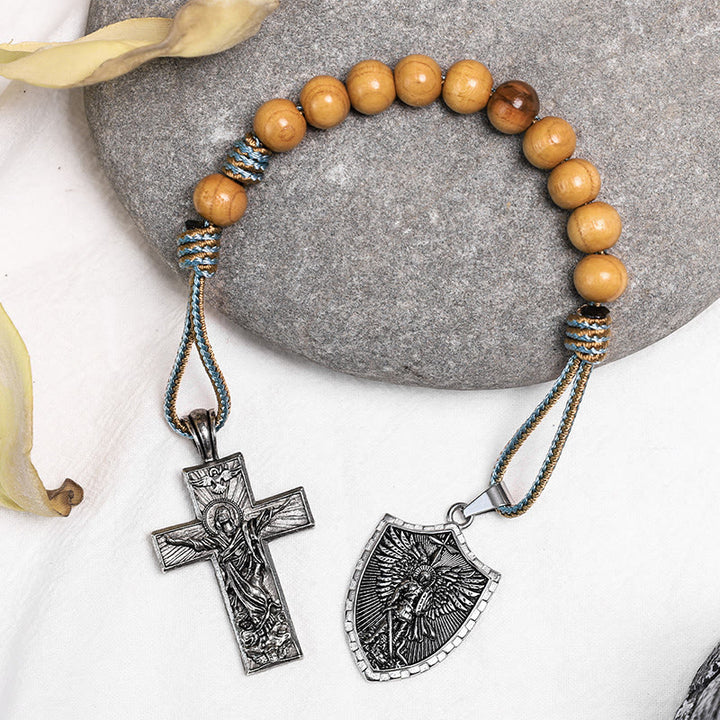 Holy Spirit Jesus Cross & St. Michael the Archangel Medal Pocket Rosary - Cyan & Brown Cord - image 0