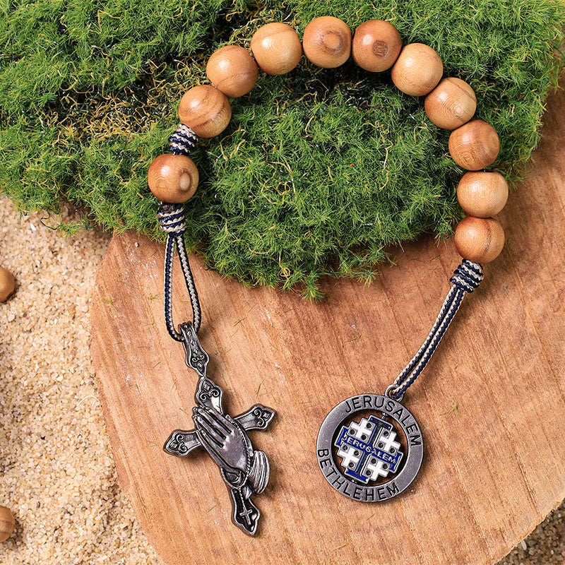 Praying Hands & Jerusalem Medal: Olive Wood Bless Pocket Rosary - image 3