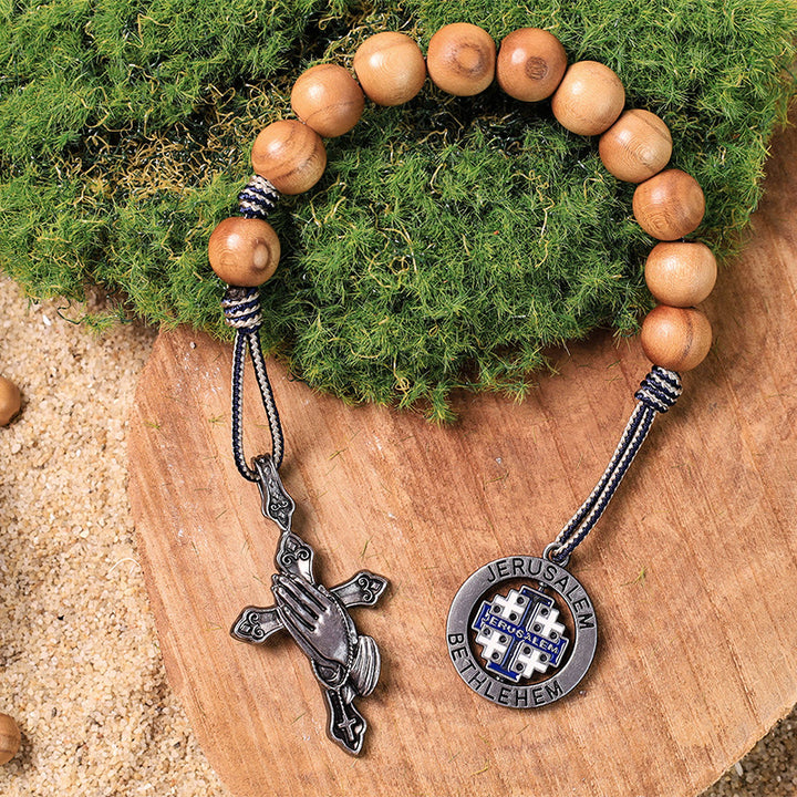 Praying Hands & Jerusalem Medal: Olive Wood Bless Pocket Rosary - image 3