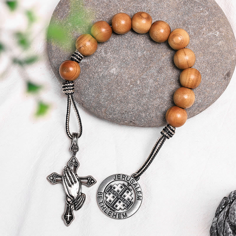 Praying Hands & Jerusalem Medal: Olive Wood Bless Pocket Rosary - Blue & White Cord - image 1