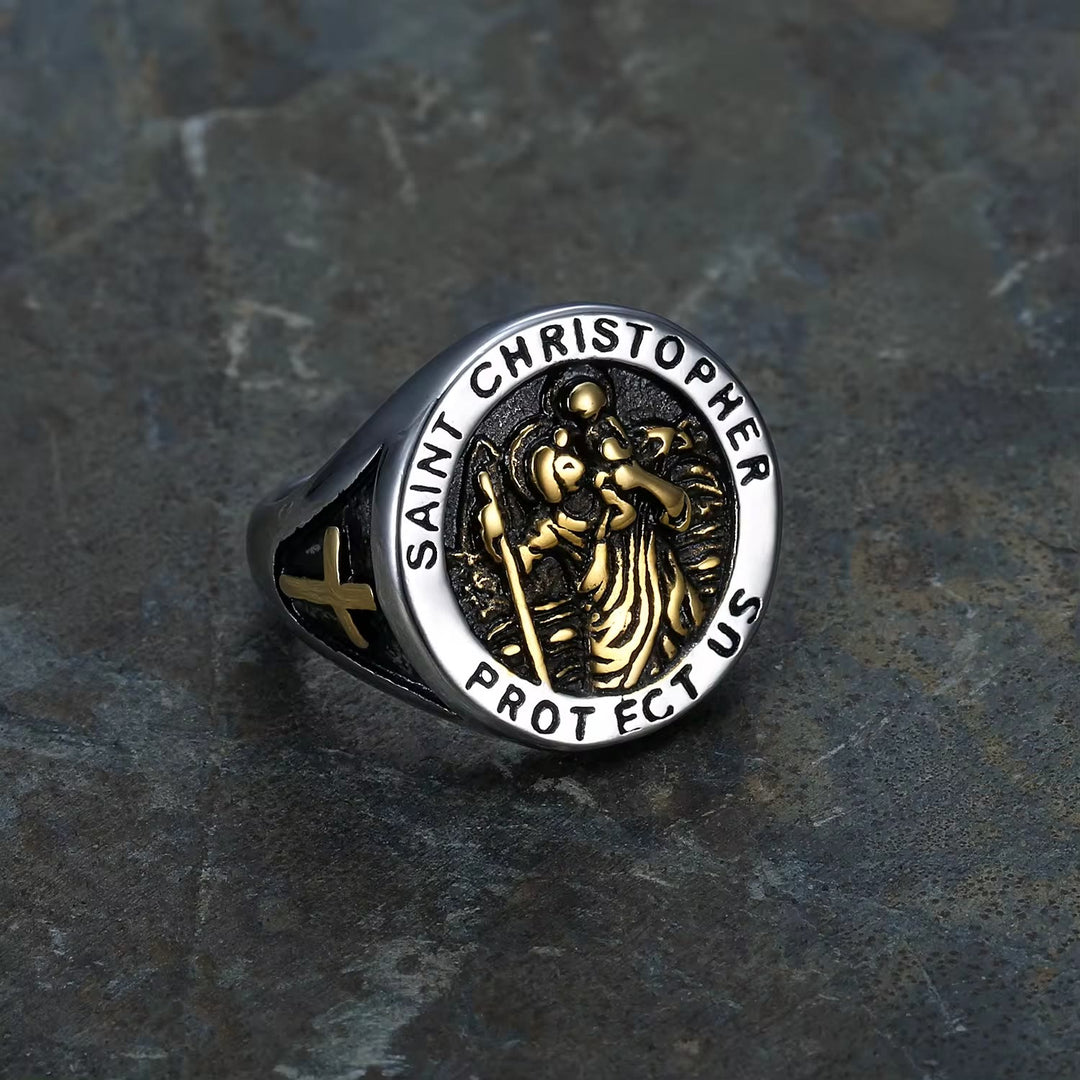 Christianartworkshop Saint Christopher Protect Us Medal Signet Ring - image 1