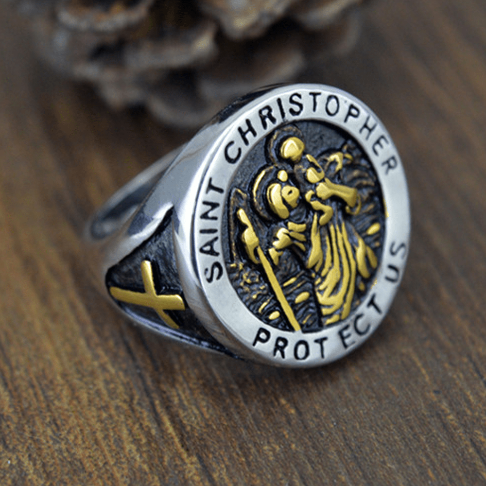Christianartworkshop Saint Christopher Protect Us Medal Signet Ring - image 4
