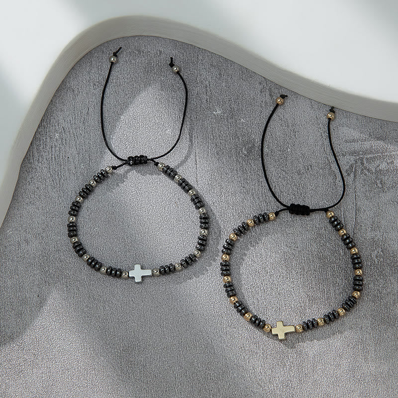 Christianartworkshop 2pcs Cross Decor Beaded Stackable Hematite Bracelet - image 2