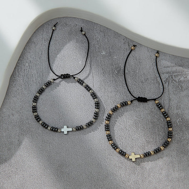 Christianartworkshop 2pcs Cross Decor Beaded Stackable Hematite Bracelet - image 2