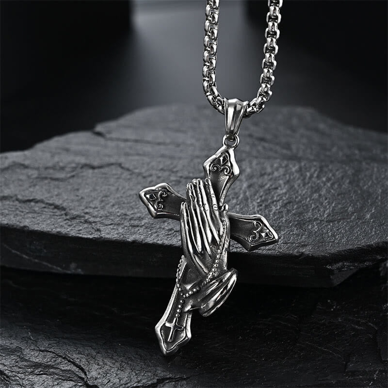 Christianartworkshop Praying Hands Cross Stainless Steel Pendant Necklace - Silver - image 1