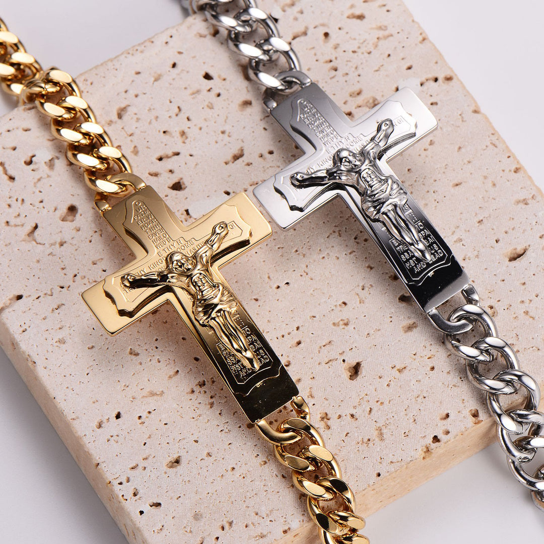 Christianartworkshop Solid Jesus Cross Bible Verse Crucifix Prayer Bangle Bracelet - English - Golden - image 0