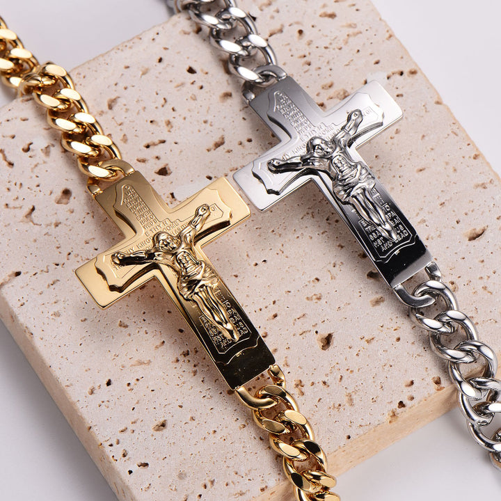 Christianartworkshop Solid Jesus Cross Bible Verse Crucifix Prayer Bangle Bracelet - English - Golden - image 0