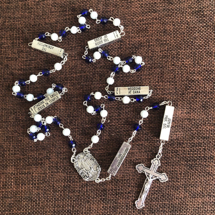 Blue & White Glass Beads Crucifix Jesus Rosary - image 3