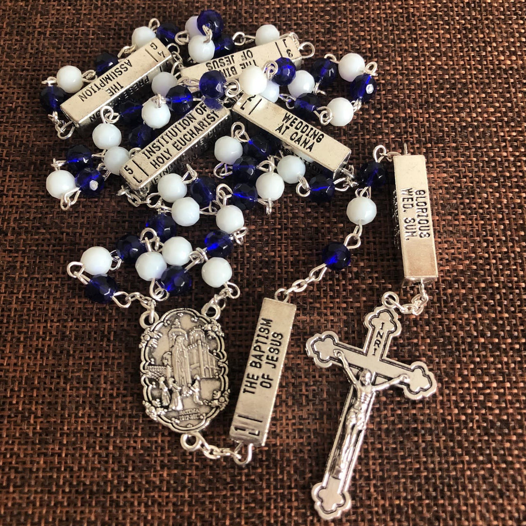 Blue & White Glass Beads Crucifix Jesus Rosary - image 4