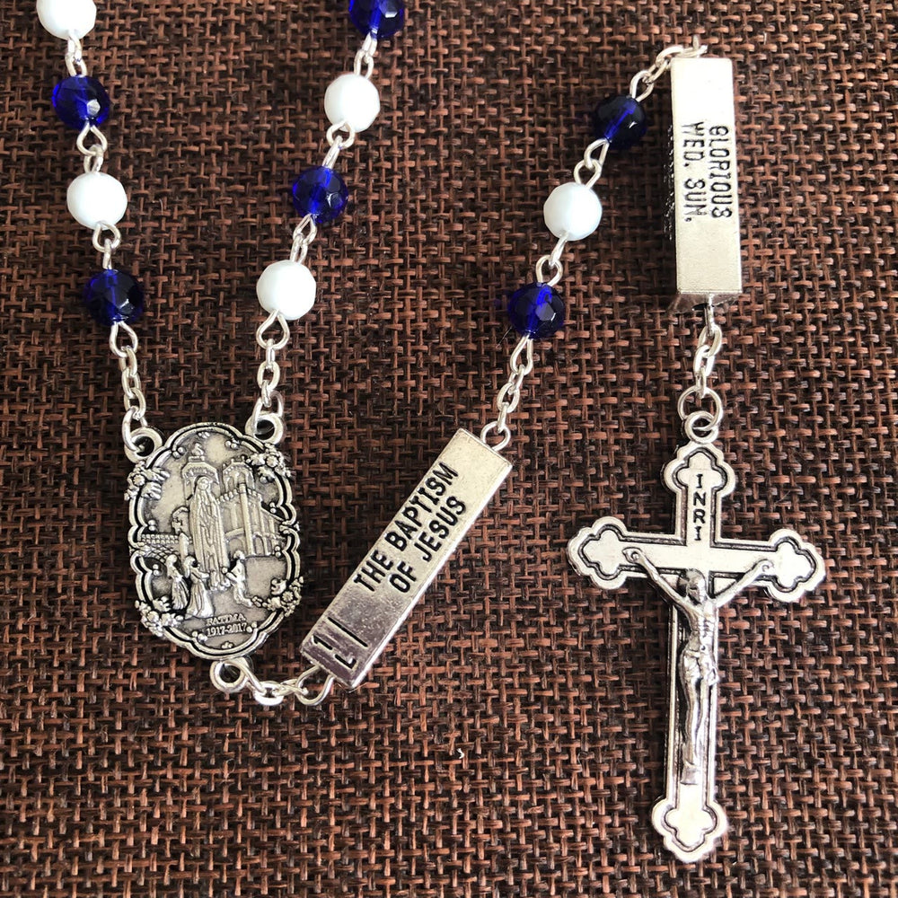 Blue & White Glass Beads Crucifix Jesus Rosary - image 2