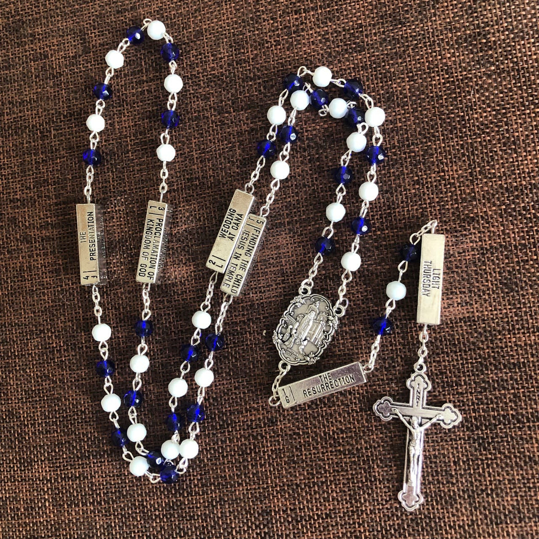 Blue & White Glass Beads Crucifix Jesus Rosary - Blue & White - image 0