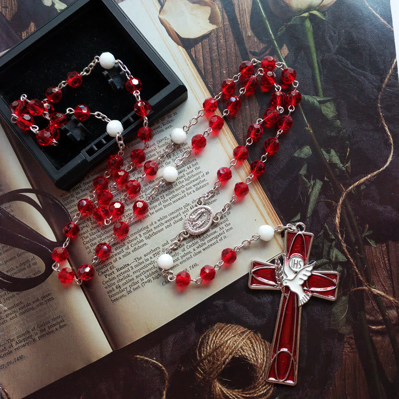 IHS Holy Spirit Dove Cross Pendant Red Beads Rosary - Holy Spirit Cross - image 0