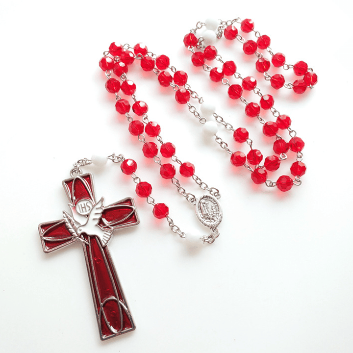 IHS Holy Spirit Dove Cross Pendant Red Beads Rosary - image 4