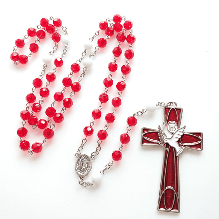 IHS Holy Spirit Dove Cross Pendant Red Beads Rosary - image 5