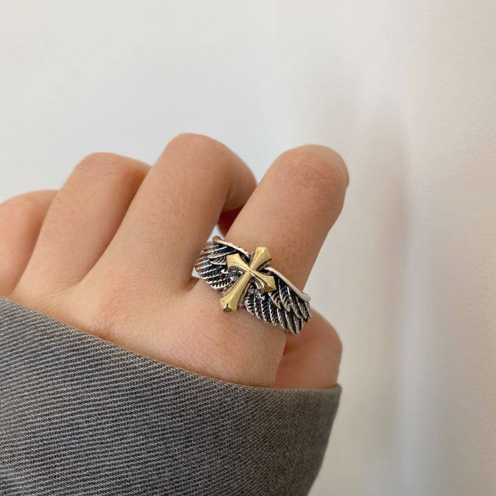 Christianartworkshop Retro Wings Cross Graffiti Letter Adjustable Ring - image 5