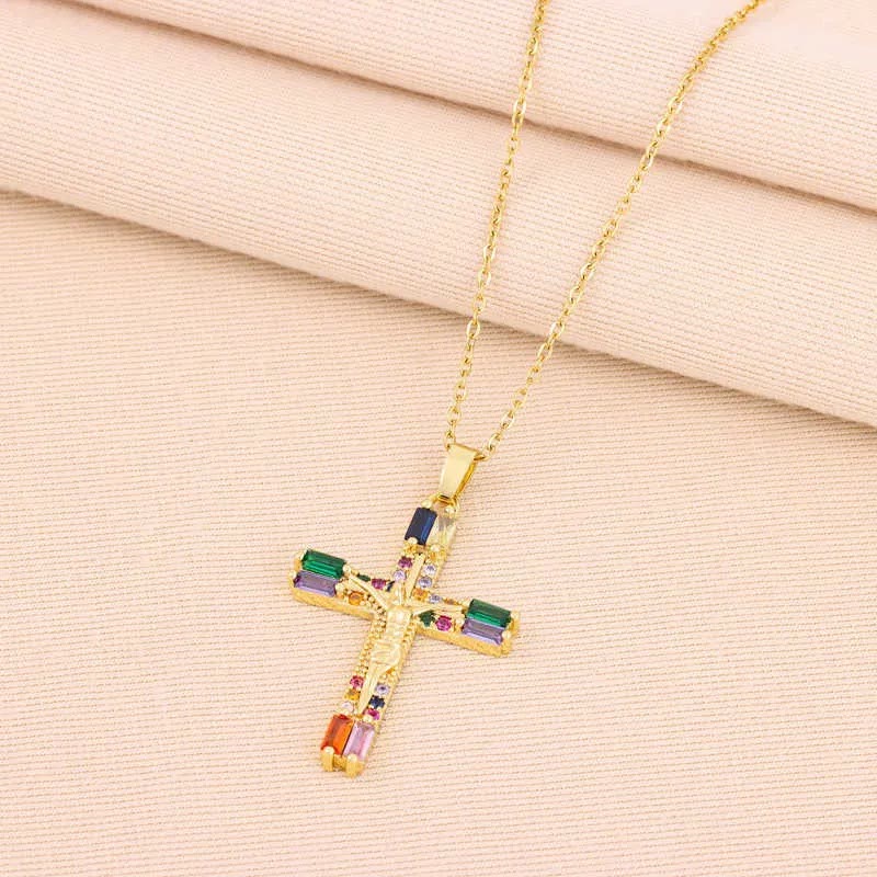 Christianartworkshop Retro Bohemian Style Colored Zirconia Cross Titanium Steel Necklace - image 2