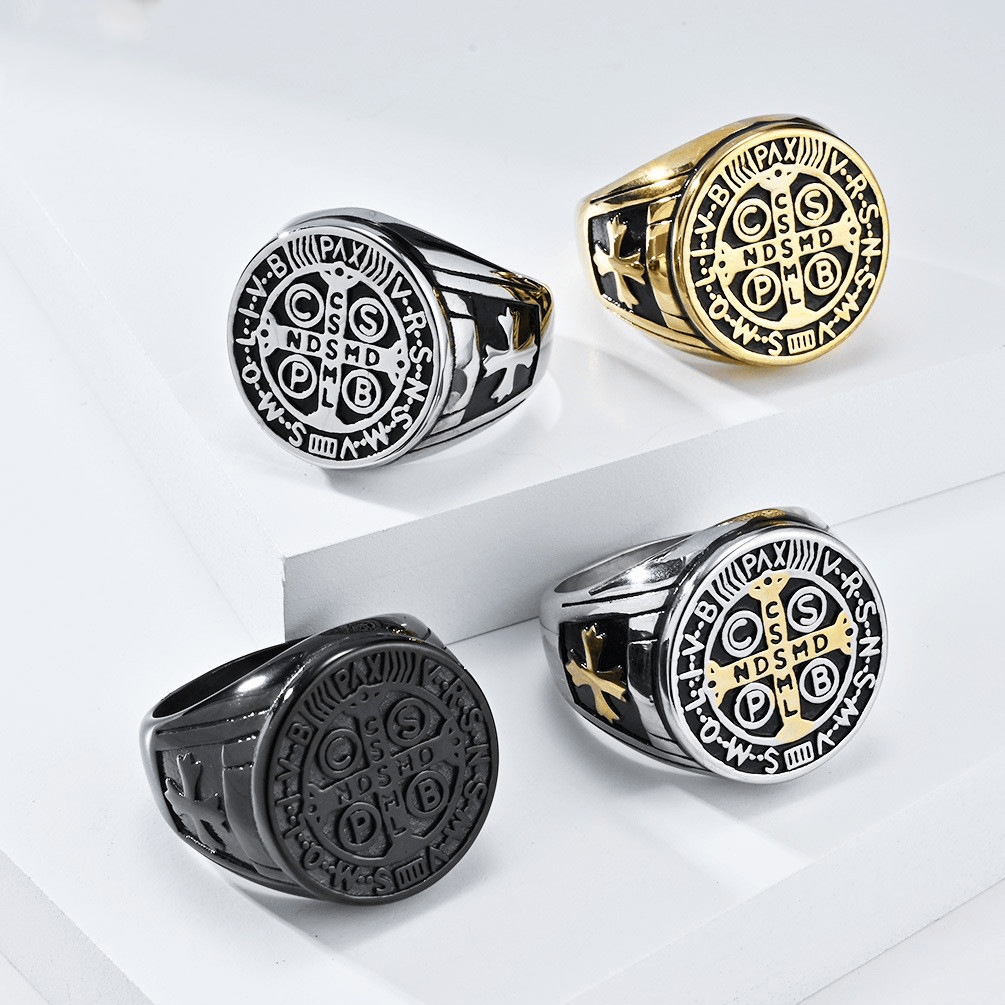 Christianartworkshop St. Benedict the Protector Titanium Ring - US7 - Golden - image 1