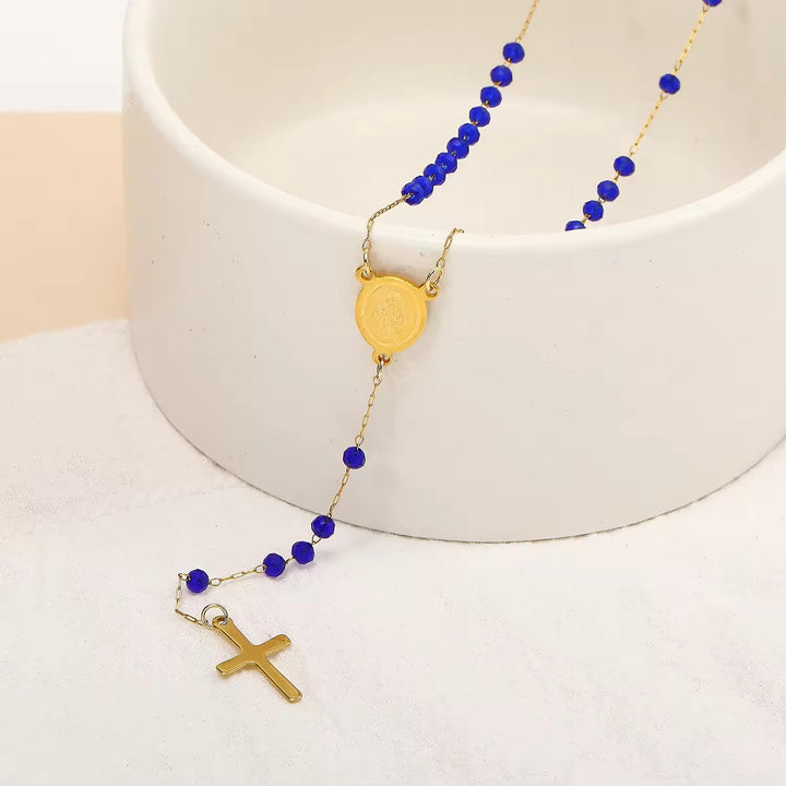 Christianartworkshop Virgin Mary Medal & Cross Pendant Glass Beads Necklace - image 2