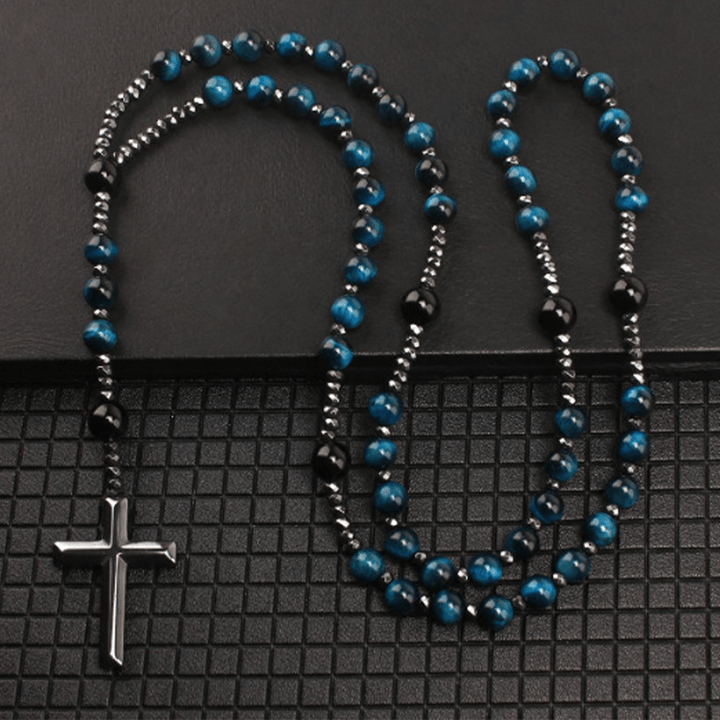 Christianartworkshop Agate/Tiger's Eye Stone Cross Catholic Rosary - Lake-blue Tiger's Eye - image 4