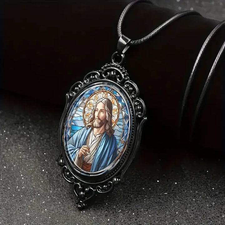 Christianartworkshop Retro Lace Oval Jesus Glass Pendant Necklace - Black - image 0