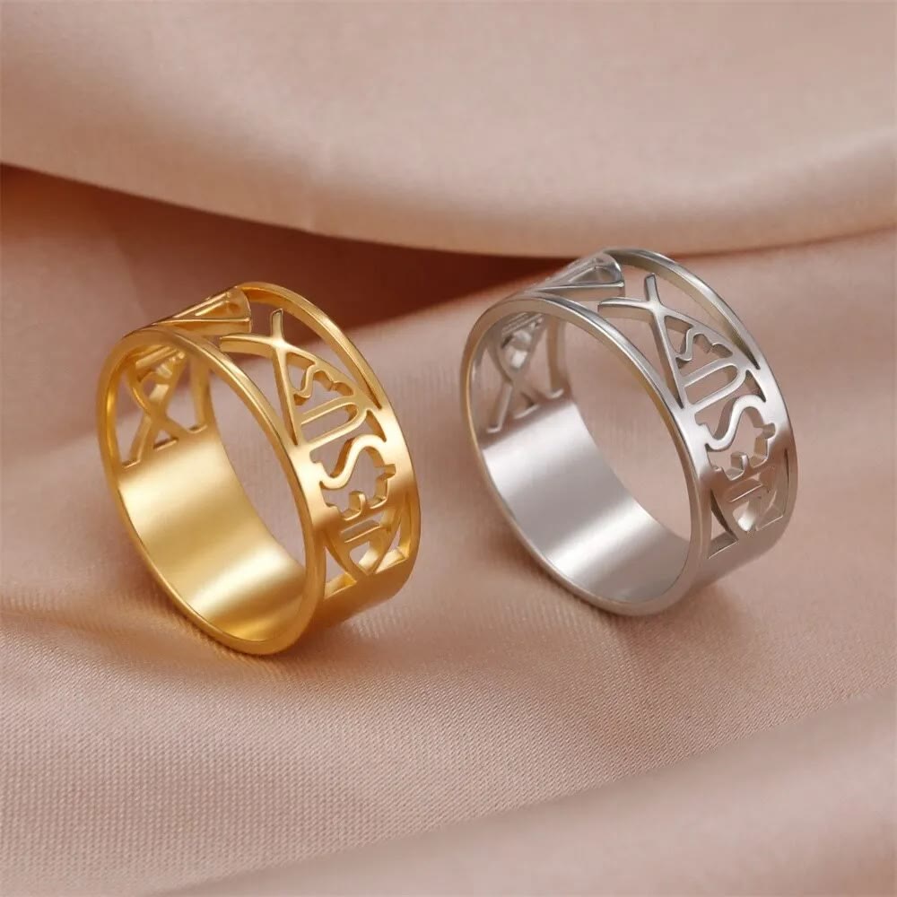 Christianartworkshop Jesus Fish Skeleton Titanium Religion Ring - Golden - US 6 - image 0