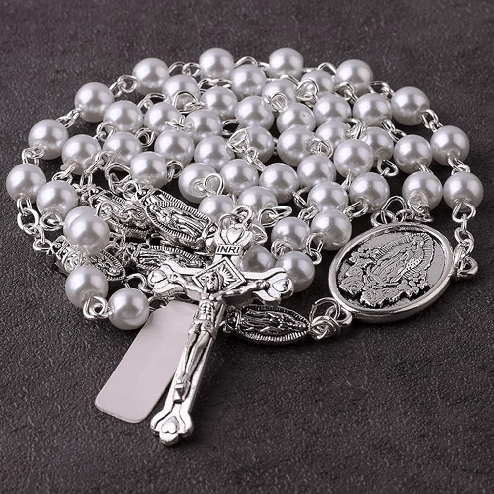 Catholic Our Lady of Guadalupe White Beads Rosary - image 5