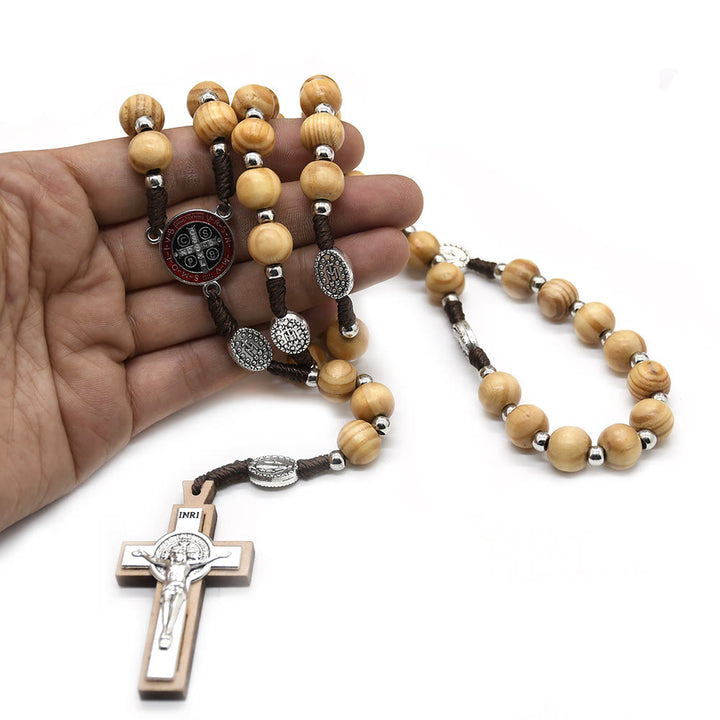 Catholic Crucifix Jesus St. Benedict Weave Pine Wood Beads Rosary - image 2