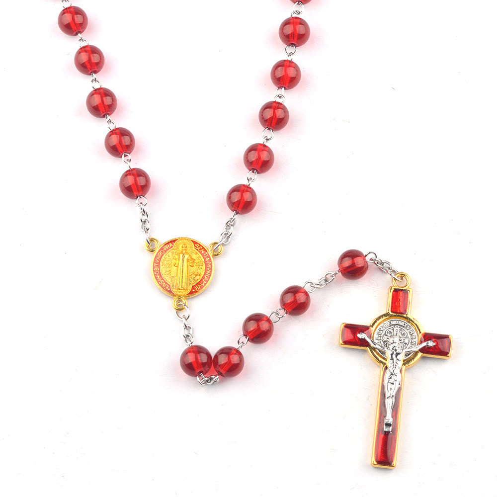 Catholic St. Benedict Centerpiece Red Glass Beads Cross Rosary - image 1