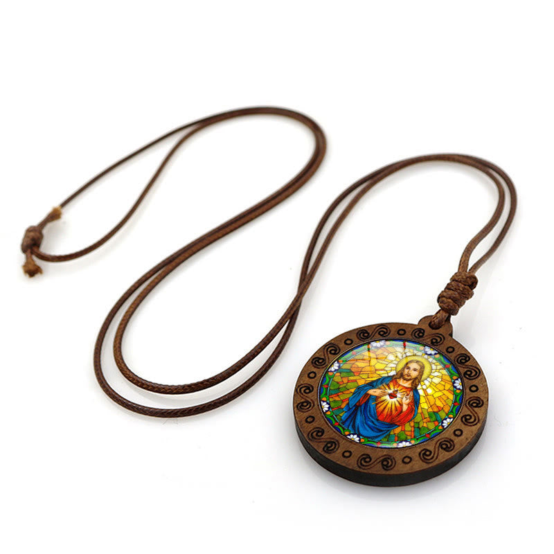 Christianartworkshop Jesus Sacred Heart Time Gemstone Wood Pendant Necklace - image 1