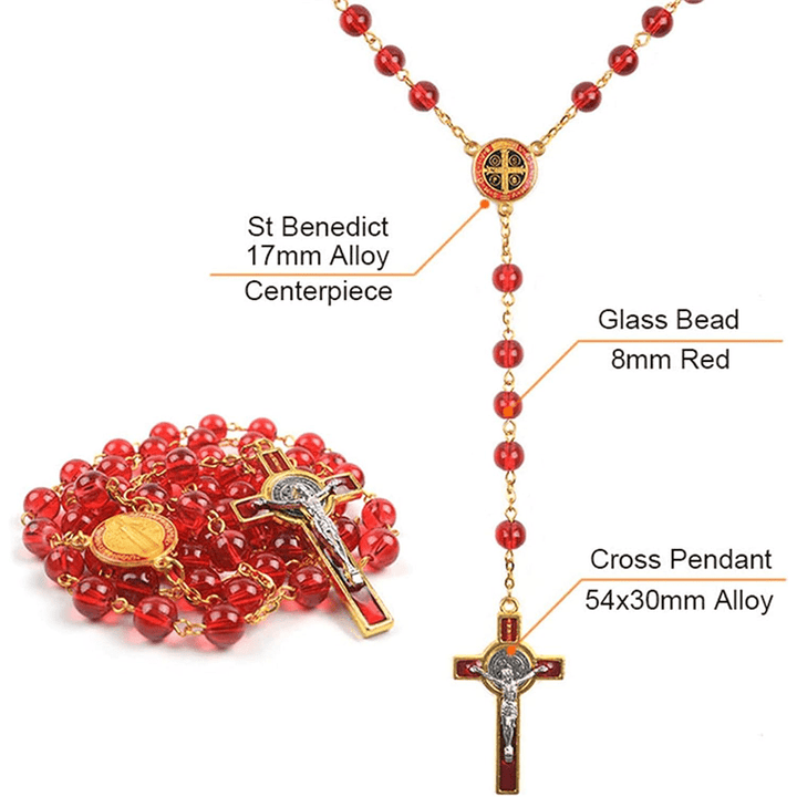 Catholic St. Benedict Centerpiece Red Glass Beads Cross Rosary - image 2