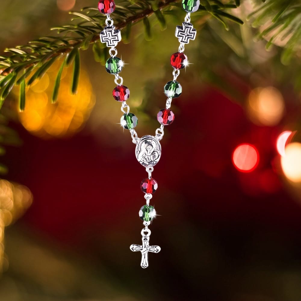 Virgin Mary Red & Green Crystal Rosary Bracelet - Red & Green Beads - image 1