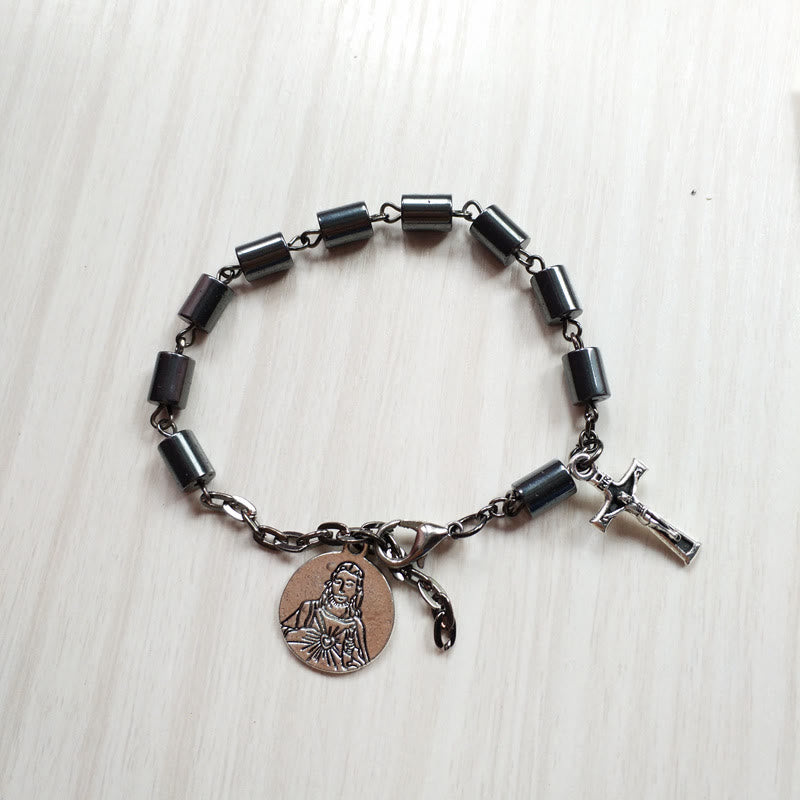 Christianartworkshop Jesus Sacred Heart & Crucifix Hematite Simplicity Bracelet - Black - image 1