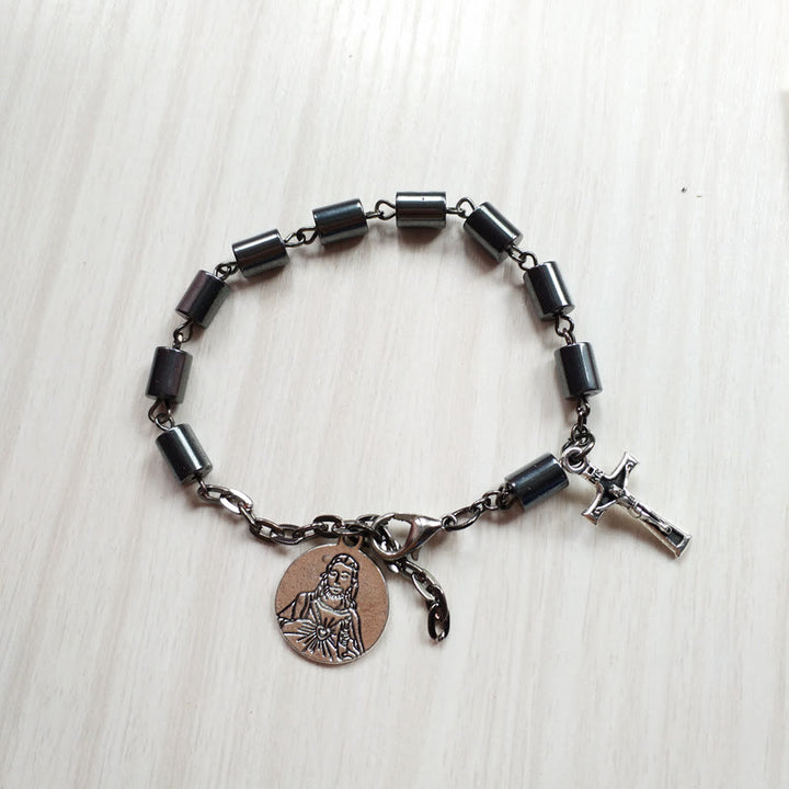 Christianartworkshop Jesus Sacred Heart & Crucifix Hematite Simplicity Bracelet - Black - image 1