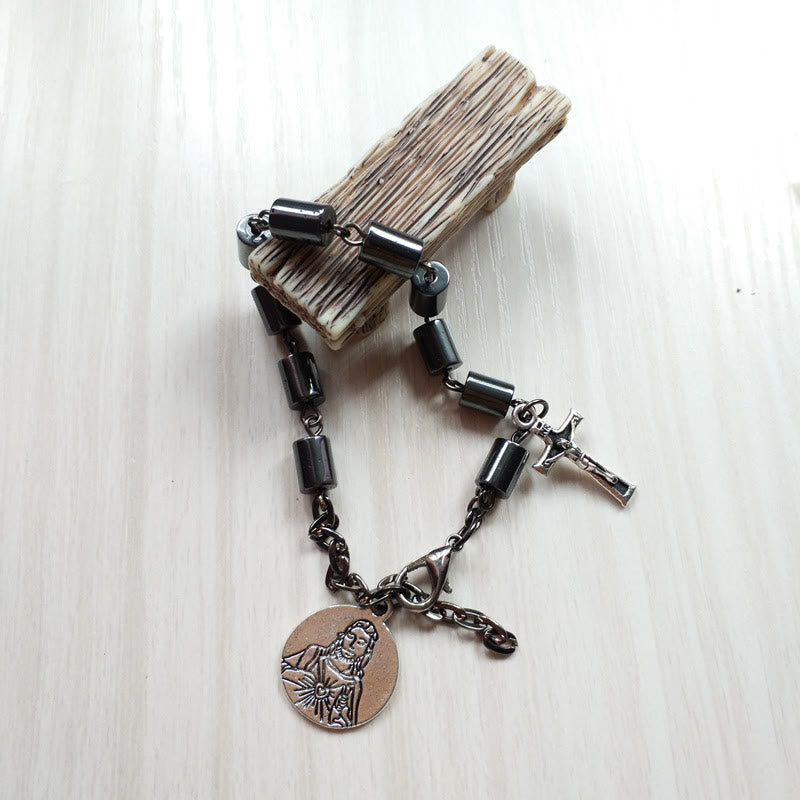 Christianartworkshop Jesus Sacred Heart & Crucifix Hematite Simplicity Bracelet - image 2