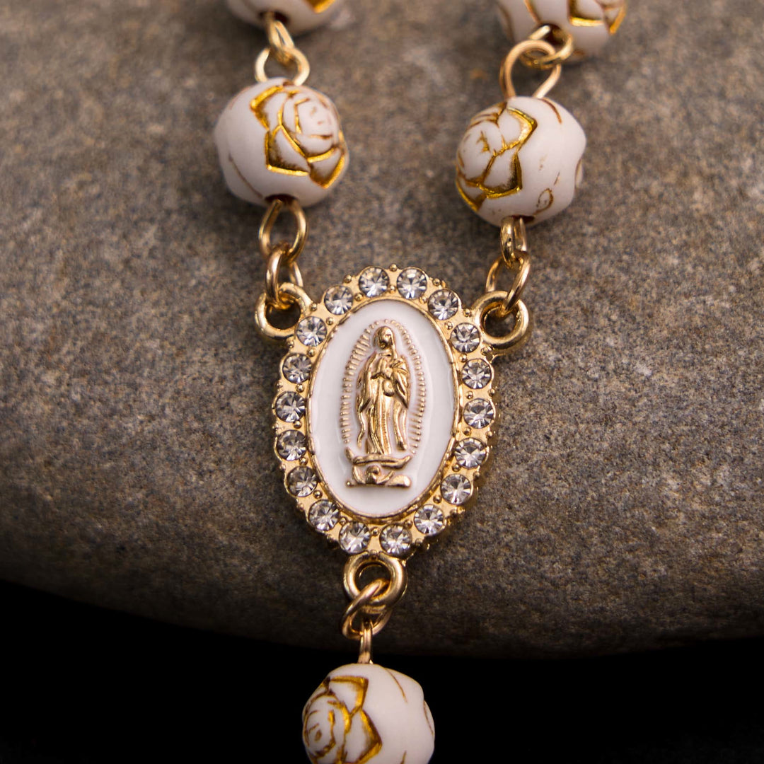 Rose Beads Cross Our Lady Of Guadalupe Bracelet Rosary - image 3