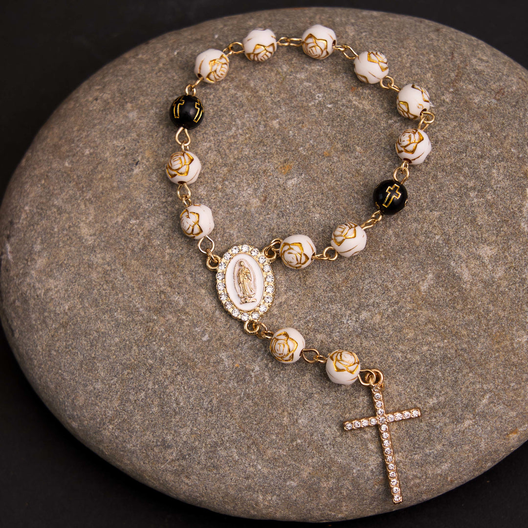 Rose Beads Cross Our Lady Of Guadalupe Bracelet Rosary - White - image 1