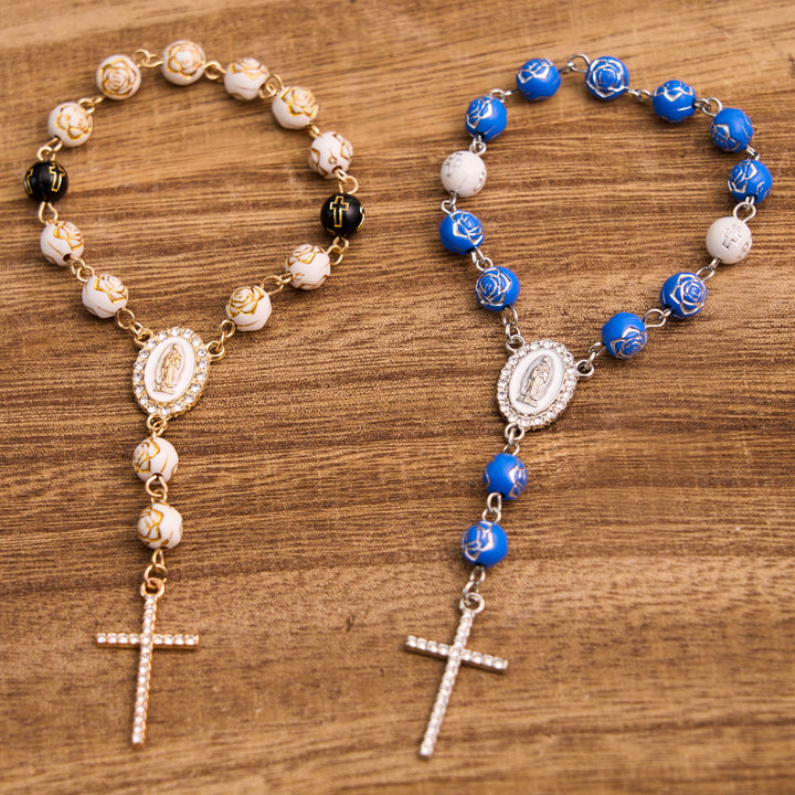 Rose Beads Cross Our Lady Of Guadalupe Bracelet Rosary - image 8