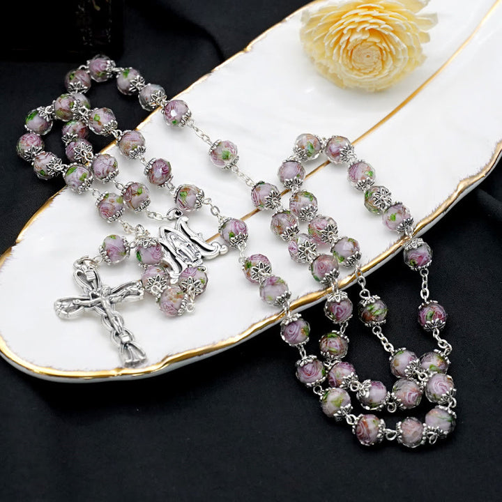 Christianartworkshop Glazed Crystal Rose Flower Beads Rosary - Grey - image 11