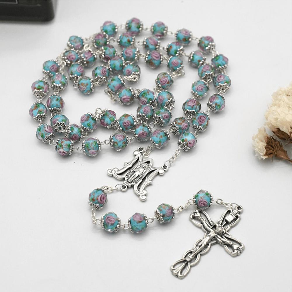 Christianartworkshop Glazed Crystal Rose Flower Beads Rosary - image 7